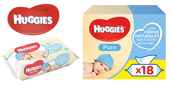 Chollo Pack x18 Paquetes de Toallitas Huggies Pure por sólo 23,99€ (-20%) ¡0,02€ cada una!