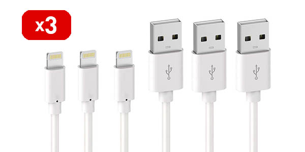 Chollo Pack x3 cables Lightning de 2 m certificados MFI para Apple por sólo 8,40€ con cupón (-20%) ¡Sólo 2,80€ cada uno!