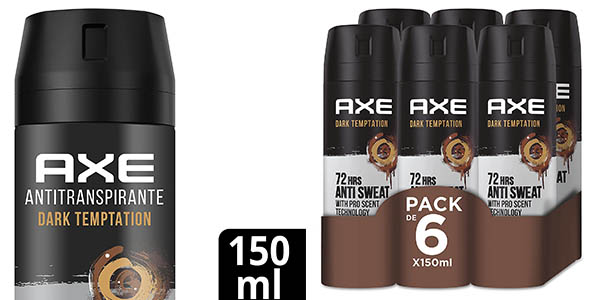 Chollo Pack x6 Desodorante Axe Dark Temptation en spray de 150 ml por sólo 15,99€ (29% de descuento)