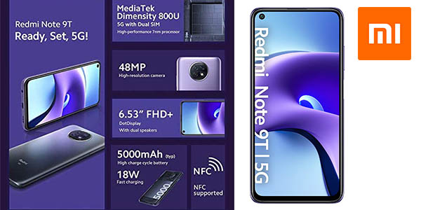 Chollo Xiaomi Redmi Note 9T 5G con 4GB+64GB y cámara triple de 48 MP por sólo 158,94€ con envío gratis (-36%)