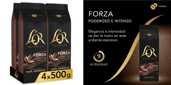 Chollo Pack x4 Paquetes Café en Grano L’OR Espresso Forza de Intensidad 9 por sólo 33,30€ con envío gratis (34% de descuento)