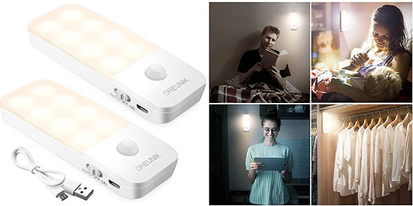 Chollo Pack x2 Luces LED nocturnas Oreunik con sensor de movimiento y carga USB por solo 11,19€ (20% de descuento)