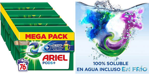 Chollo Pack Ariel PODS Active 76 cápsulas por sólo 25,79€ (-22%) ¡A 0,33€ por cápsula!