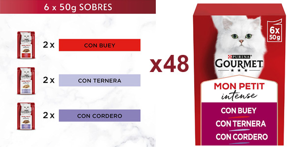 Chollo Pack x48 Sobres Purina Gourmet Mon Petit Intense de 50 g para gatos por sólo 16,99€ (28% de descuento)