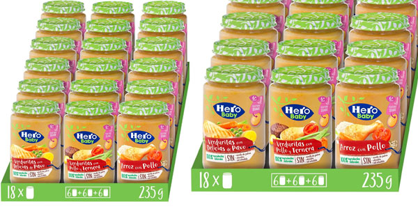 Chollo Pack x18 Tarritos mixtos de carne y verduras Hero Baby por sólo 21,87€ (1,21€ la unidad)