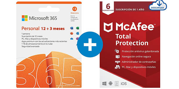 Chollo Suscripción Microsoft 365 Personal 12+3 Meses + McAfee Total Protection 2022 para PC o Mac por sólo 47,99€ (-70%)