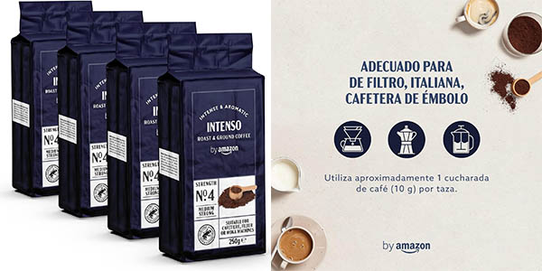 Chollo Pack x4 Café molido Intenso by Amazon de 250 gramos por sólo 8,52€ ¡A 2,13€ cada uno!