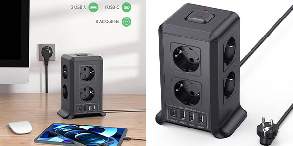 Chollo Regleta vertical de enchufes Sameriver con 8 tomas y 4 USB por sólo 20,50€ con cupón descuento (-15%)