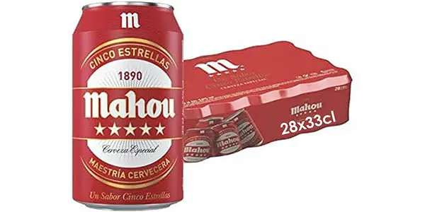 Chollo Pack de 28 latas de cerveza Mahou 5 Estrellas de 330 ml por sólo 16,29€ con cupón (-25%) ¡0,58€ cada una!