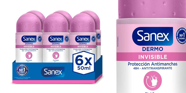 Chollo Pack de 6 desodorantes unisex Sanex Dermo Invisible de 50 ml por sólo 9,01€ (-29%)