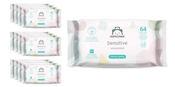 Chollo Pack de 12 paquetes de toallitas húmedas para bebé Amazon Mama Bear Sensitive (768 toallitas) por sólo 12€ (-243%) ¡A 0,02€ la unidad!