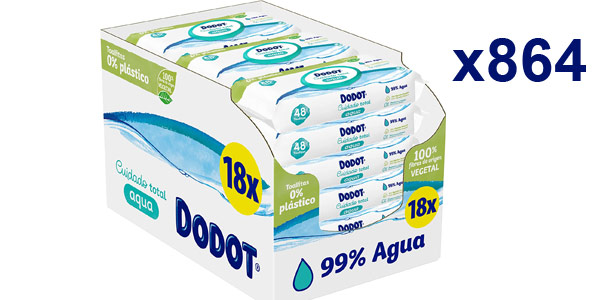 Chollo Pack x864 Toallitas Dodot Cuidado Total Aqua 0% Plástico por sólo 32,23€ con envío gratis (-43%) ¡Sólo 1,79€ cada paquete!