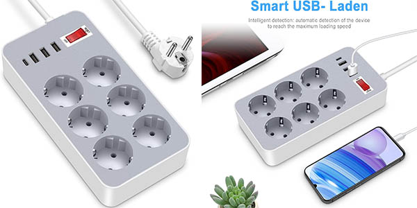 Chollo Regleta enchufe con 4 puertos USB y 6 tomas AC por solo 15,99€ (-77%)