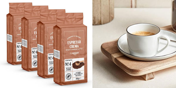 Chollo Pack x4 paquetes Café molido Natural Espresso Crema by Amazon (1 kg) por sólo 9,80€ (2,45€ cada uno)