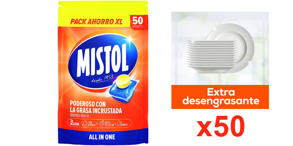 Chollo Pack x3 Lavavajllas Mistol All in One de 50 pastillas por sólo 21,98€ con oferta 3×2 (0,14€ la dosis)