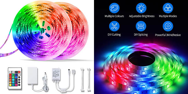 Chollo Tira de luces LED RGB de 10 metros con control a distancia por sólo 7,99€ con cupón descuento (50% de descuento)