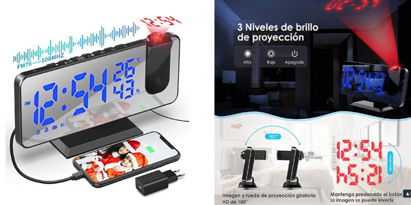 Chollo Despertador Proyector con radio FM y carga USB por sólo 19,79€ con cupón (-42%)