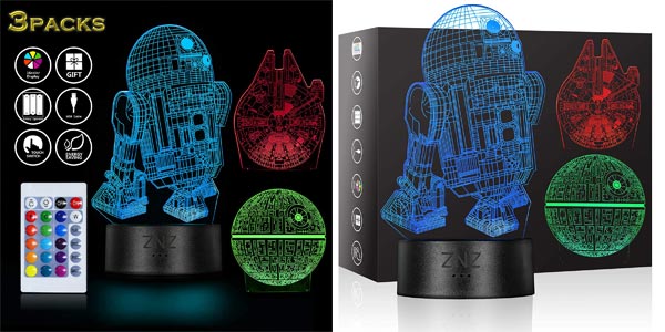 Chollo Luz de noche 3D LED Star Wars Death Star + R2-D2 + Millennium Falcon con 16 colores por sólo 11,89€ (60% de descuento)