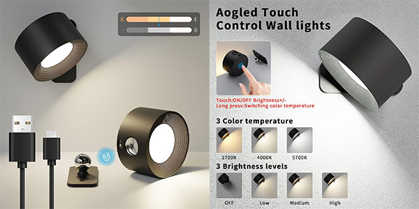 Chollo Luz de pared Aogled regulable 360º con sujeción magnética y control táctil por sólo 14,40€ con cupón descuento (-35%)