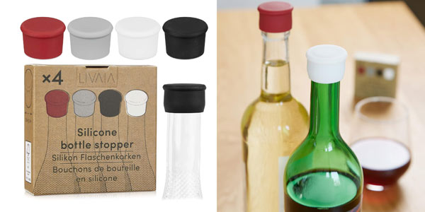 Chollo Set de 4 tapones de silicona para botellas de vino, cava, aceite… por sólo 4 euretes ¡TOP VENTAS!