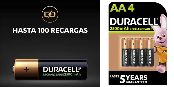 Chollo Pack x4 Pilas recargables Duracell AA de 2.500 mAh por sólo 10,69€ (-44%)