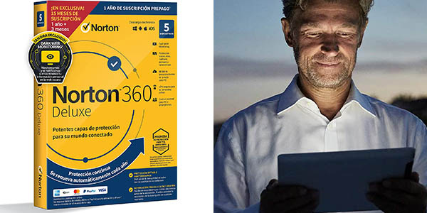 Chollo Antivirus Norton 360 Deluxe 2023 para 5 dispositivos y 15 meses por sólo 10,95€ (69% de descuento)