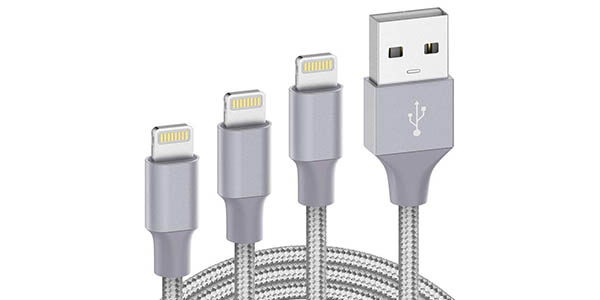 Chollo Pack 3x cable USB a Lightning de nailon trenzado de 1, 2 y 3 metros por sólo 5,99€ con cupón descuento (-50%)