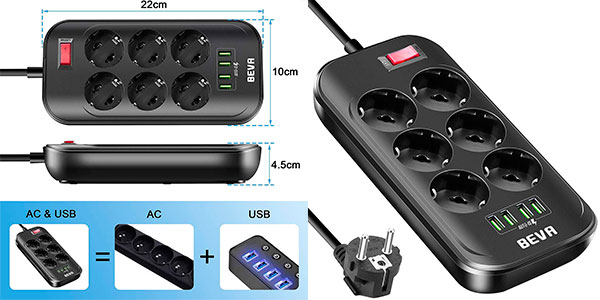 Chollo Flash Regleta Beva con 6 enchufes y 4 USB de carga rápida con interruptor por sólo 18,69€ (-15%)