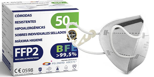 Chollo Pack x50 mascarillas FFP2 ADESTE con gancho salva-orejas por sólo 13,60€ (0,27€ cada unidad)