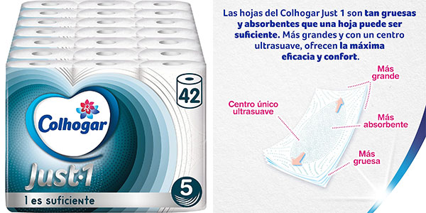 Chollo Pack de 42 rollos de papel higiénico Colhogar Just1 por sólo 24,29€ con cupón descuento (-35%)