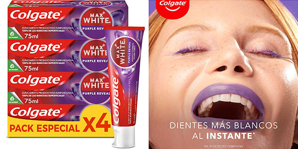 Chollo Pack x4 Dentífrico blanqueador Colgate Max White Purple Reveal por sólo 9,48€ con cupón en ficha (-24%)