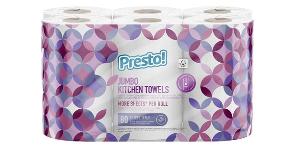 Chollo Pack x6 Rollos de papel de cocina extragrande Amazon Presto! de 3 capas por sólo 6,92€ con envío gratis ¡Valoraciones top!