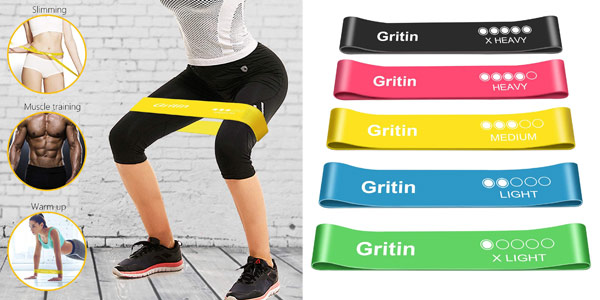 Chollo Pack x5 Bandas elásticas de fitness Gritin para musculación con bolsa de almacenamiento por sólo 8,46€ (-18%)