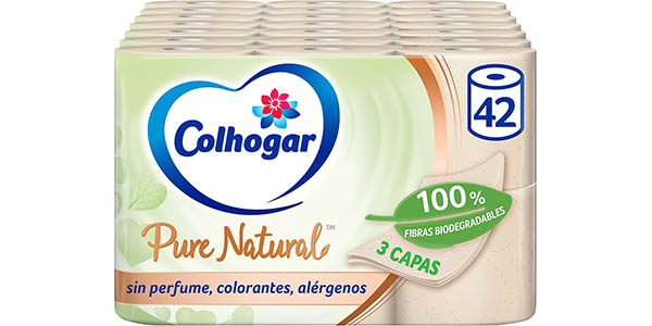 Chollo Pack 42x papel higiénico Colhogar Pure Natural biodegradable por sólo 19,98€ con cupón descuento (-30%)