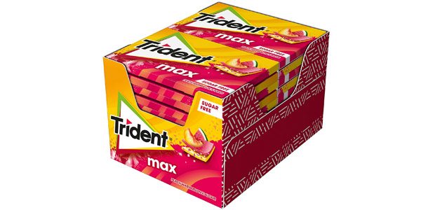 Chollo Pack x12 Paquetes de Chicles sin azúcar Trident Max Melocotón y Sandía por sólo 6,39€ (34% de descuento)