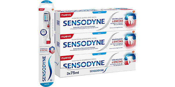 Chollo Pack x3 Pasta de dientes blanqueante Sensodyne Sensibilidad y Encías de 75 ml + Cepillo por sólo 12,27€ (25% de descuento)