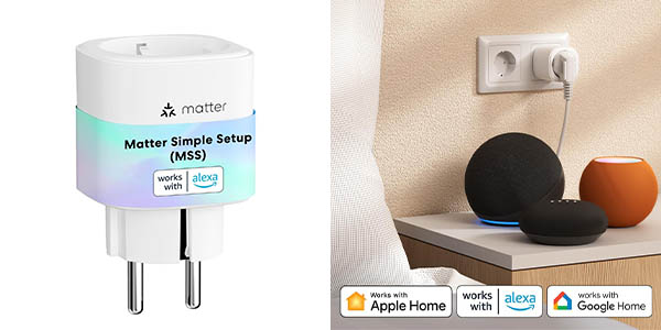 Chollo Enchufe WiFi Meross Matter compatible con Alexa, Siri y Google Assistant por sólo 13,99€ con cupón descuento (-30%)