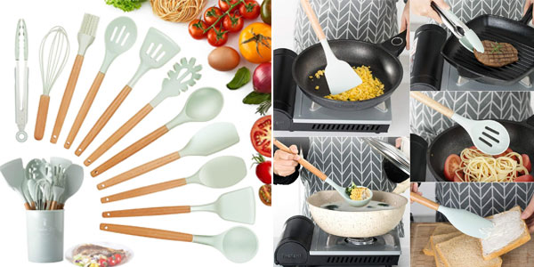 Chollo Pack x12 utensilios de cocina de madera y silicona sólo 16,99€ (26% de descuento)