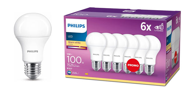 Chollazo Pack de 6 bombillas LED Philips E27 de 100W por sólo 15,99€ (-62%) ¡A 2,66€ cada una!