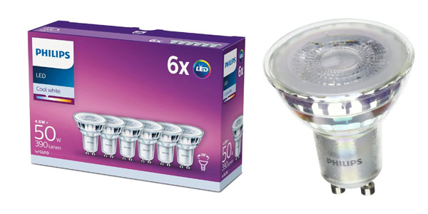 Chollo Pack x6 Bombillas LED Philips GU10 de 50W por sólo 11,99€ (-49%) ¡Sólo 1,99€ por bombilla!