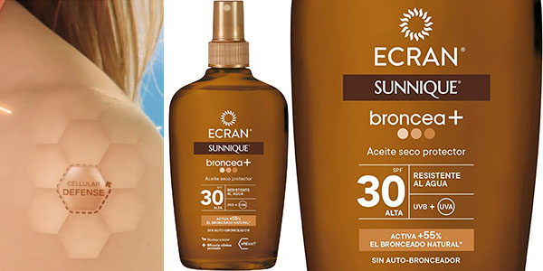 Chollo Aceite bronceador Ecran Sunnique Broncea+ SPF30 de 200 ml por sólo 5,49€ (-50%)