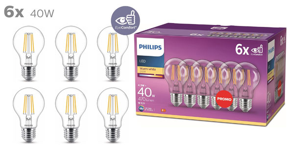 Chollazo Pack x6 Bombillas LED Philips E27 Filamento de 40W por sólo 13,49€ (-41%)