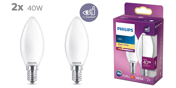 Chollo Pack x2 Bombillas LED Philips E14 de 40W con forma de vela por solo 5,49€ (-39%)