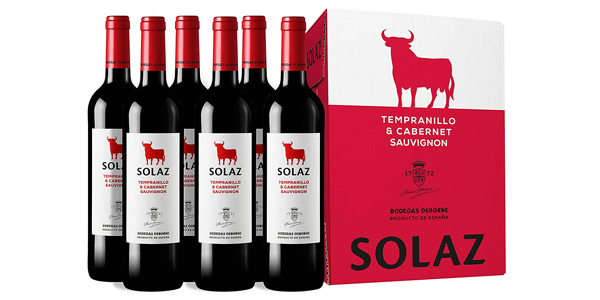 Chollo Pack x6 Vino tinto Solaz Tempranillo & Cabernet Sauvignon de 750 ml/ud por sólo 9,99€ (-59%)