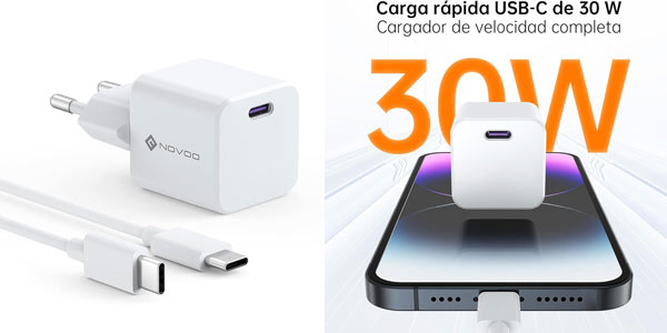 Chollo Cargador USB-C 3.0 NOVOO de 30W GAN con Cable USB-C a USB-C de 2 metros por sólo 7,49€ con cupón (-40%)