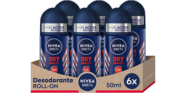 Chollo Pack x 6 Desodorante Nivea Men Dry Impact Roll On de 50 ml por sólo 8,58€ con descuento (-60%) ¡A 1,43€ la unidad!