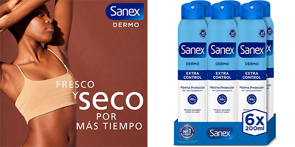 Chollo Pack x6 Desodorante Sanex Dermo Extra Control de 200 ml por sólo 13,92€ con cupón (-27%) ¡2,32€ cada uno!