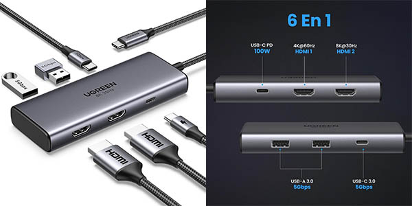 Chollo HUB USB-C UGREEN Revodok 6 en 1 con 2x HDMI 8K, PD 100W y más por sólo 31,48€ y envío gratis con cupón descuento (-37%)