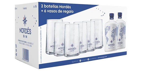 Chollo Pack Nordés Gin Premium con 2 botellas de 70 cl y 6 vasos por solo 48,99€ con envío gratis (-15%)