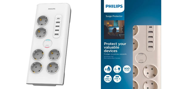 Chollo Regleta Philips SPN7060WA/10 de 6 enchufes + 4 USB 35W + 1 USB-C con protección por sólo 31,99€ con envío gratis (-20%)